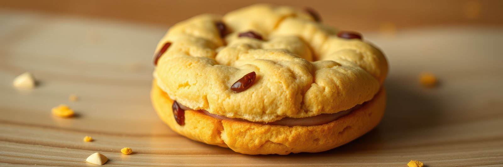 Homemade cookie with peanut butter filling and chocolate chips on a wooden surface